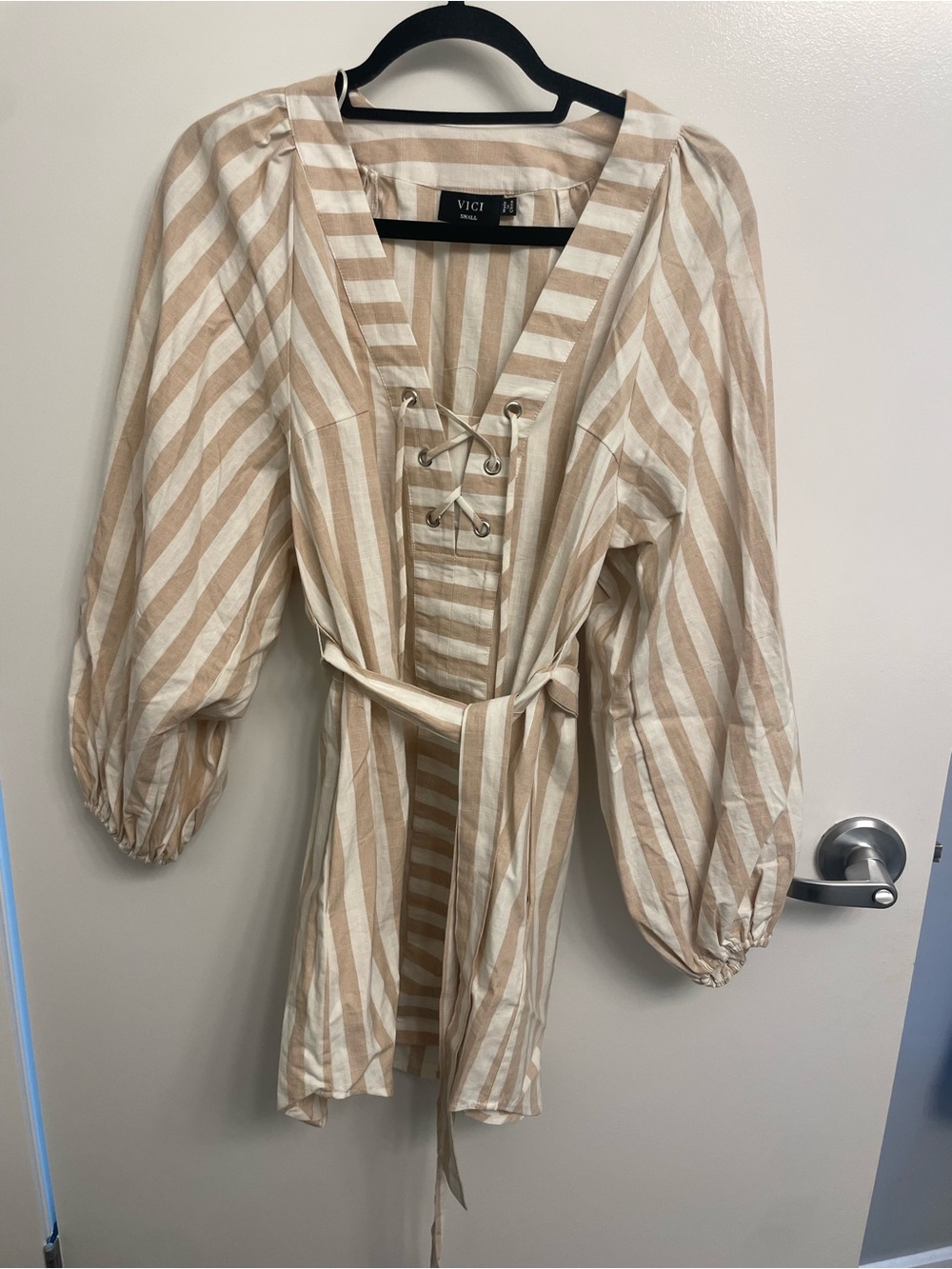 VICI Tan and White Striped Lace-Up Belted Tunic Dress